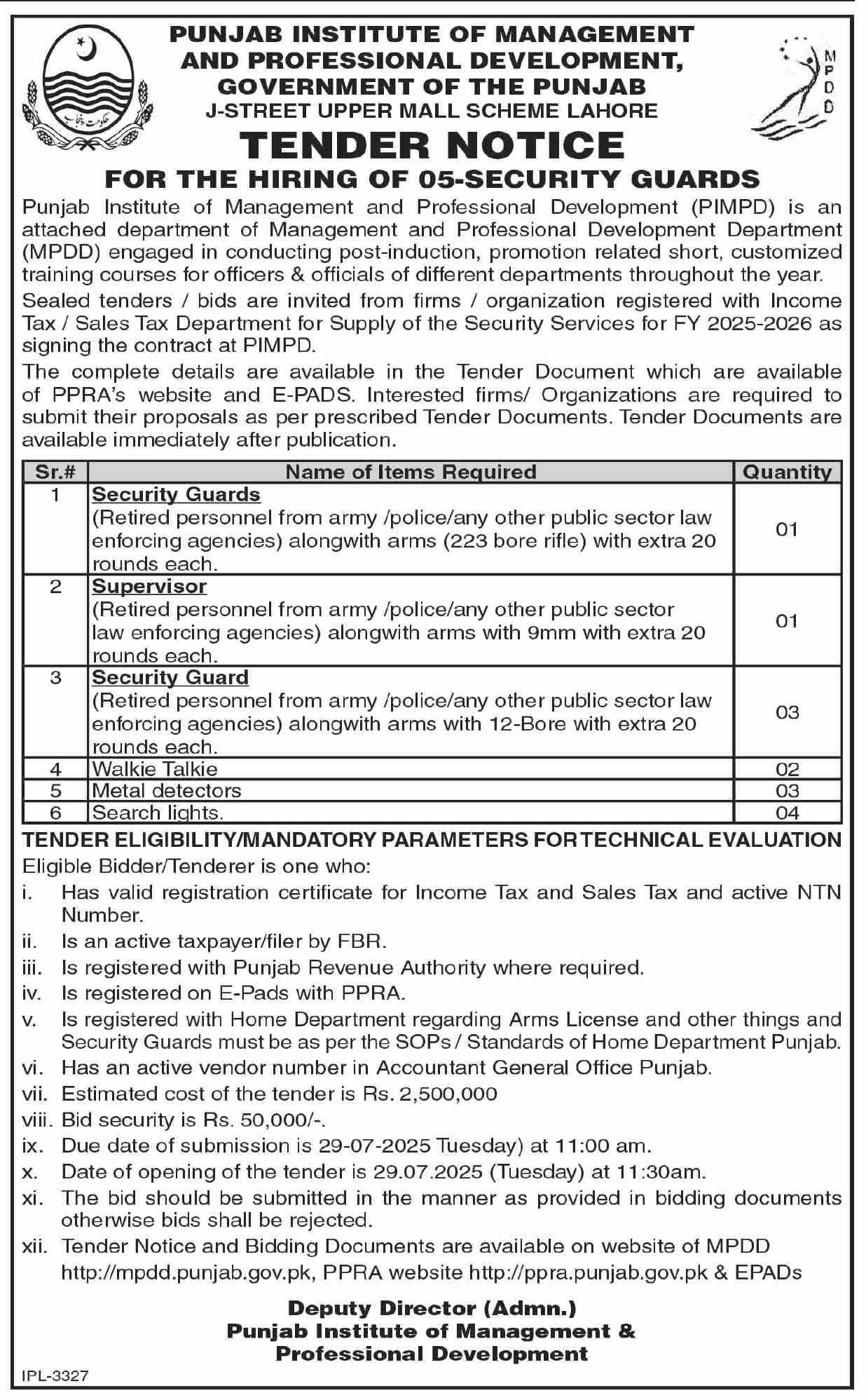 Punjab Institute of Management & Professional Development Lahore Tender Notice